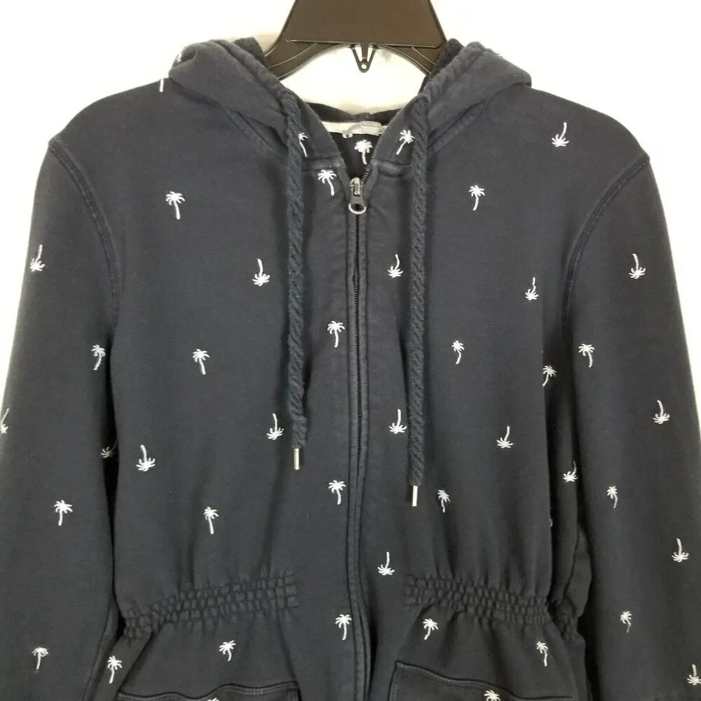 Talbots Women French Terry Palm Tree Embroidered Full Zip‎ Hoodie Sz M Navy Blue